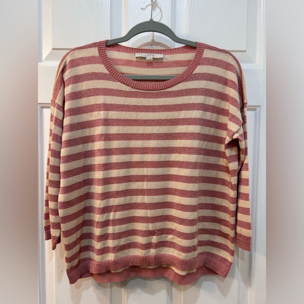 Loft Linen Infused Pink Metallic Striped Lightweight Sweater Size M 3/4 Sleeve